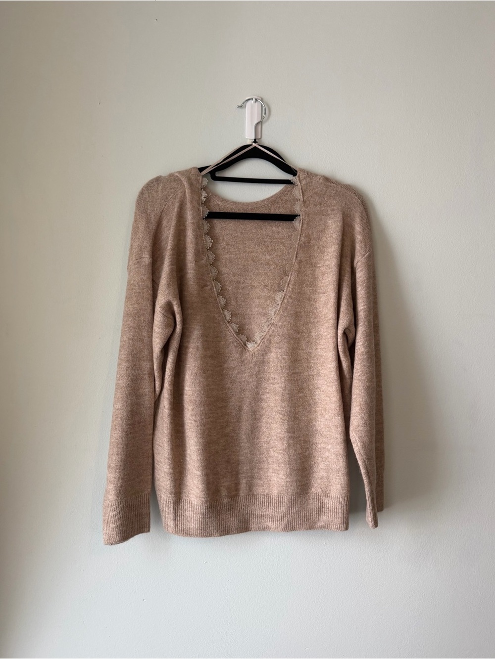 Molly Bracken Biege Open Back Sweater with Lace Trim